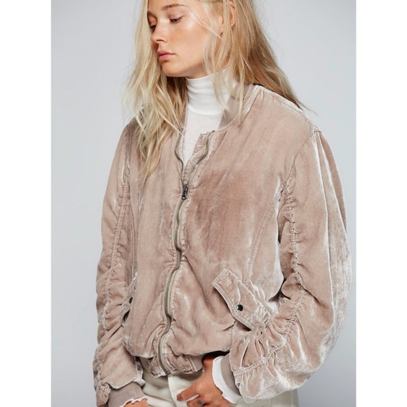 Free People Jackets & Blazers - Free People OB545335 Ruched Crushed Velvet Bomber Jacket in Stone M